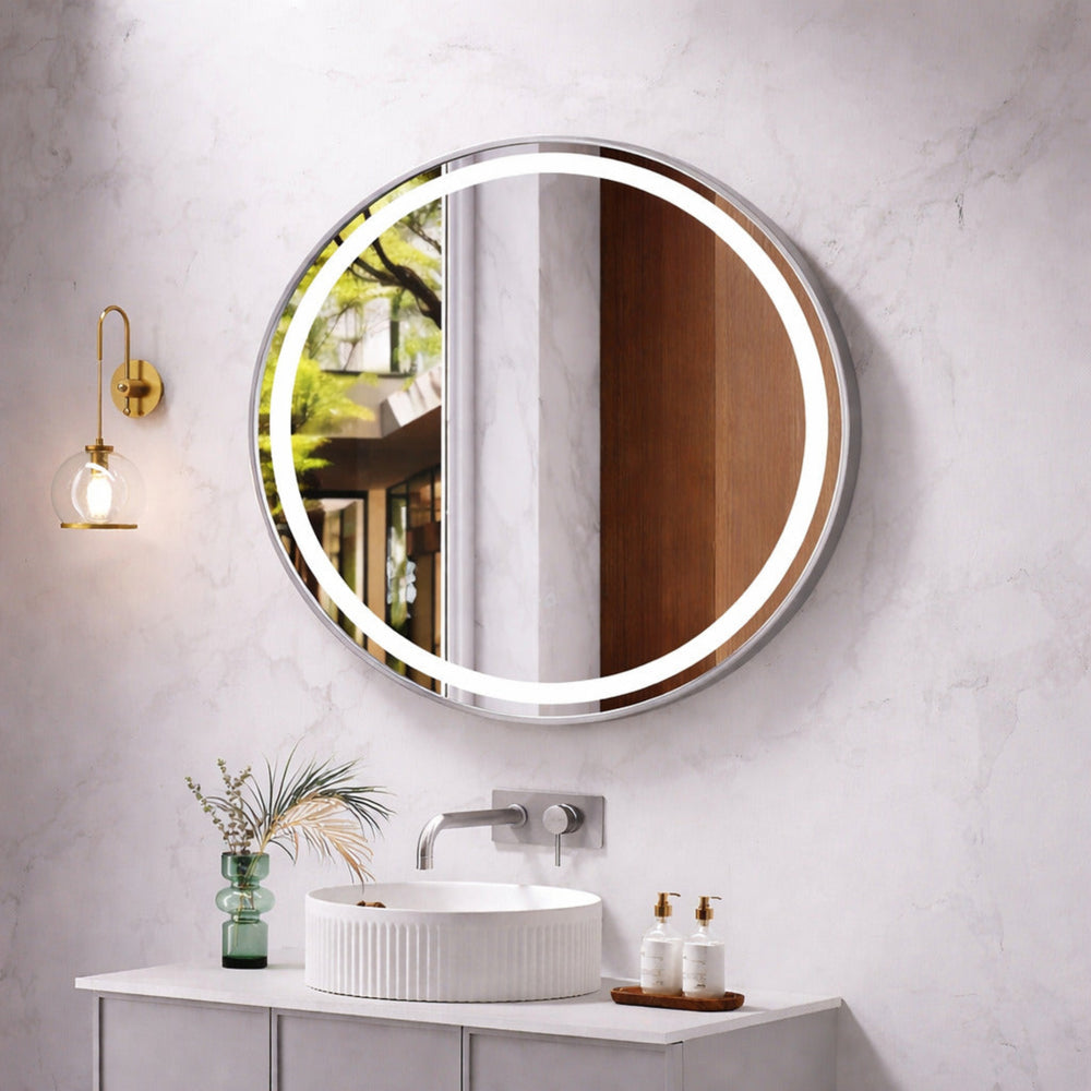 MERCIO VENUS FRAMED ROUND LED MIRROR BRUSHED NICKEL 900X900MM