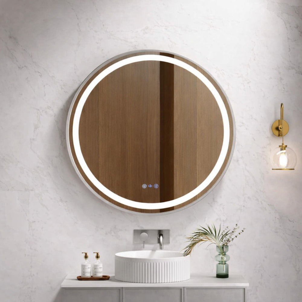 MERCIO VENUS FRAMED ROUND LED MIRROR BRUSHED NICKEL 900X900MM