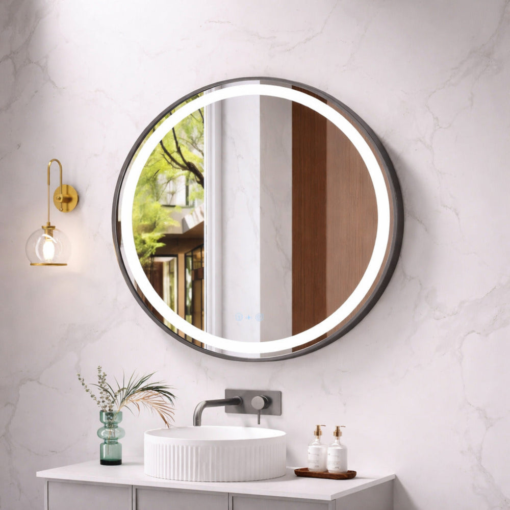 MERCIO VENUS FRAMED ROUND LED MIRROR GUN METAL 900X900MM