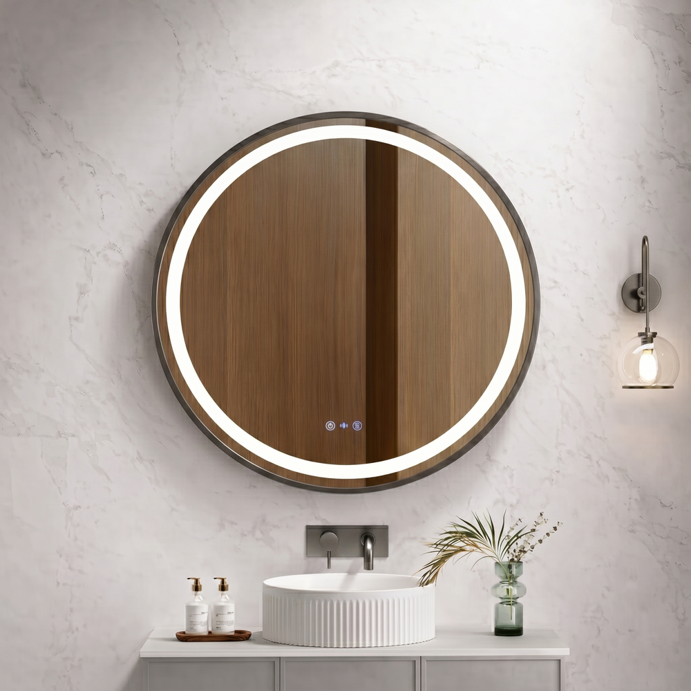 MERCIO VENUS FRAMED ROUND LED MIRROR GUN METAL 900X900MM