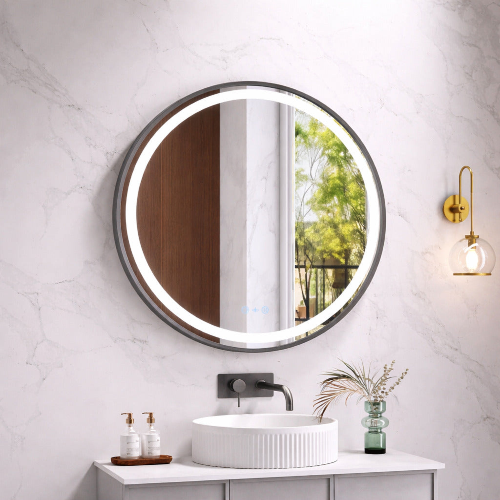 MERCIO VENUS FRAMED ROUND LED MIRROR GUN METAL 900X900MM