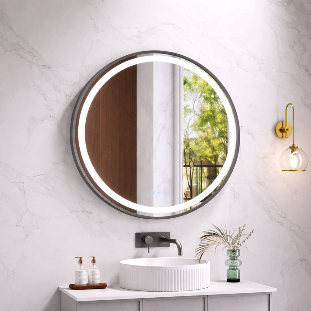 MERCIO VENUS FRAMED ROUND LED MIRROR GUN METAL 900X900MM