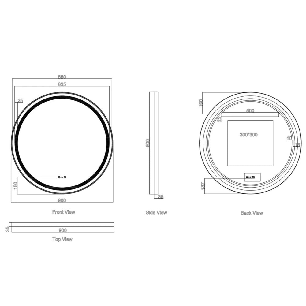 MERCIO VENUS FRAMED ROUND LED MIRROR MATTE BLACK 900X900MM
