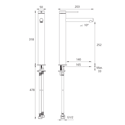 OLIVERI VENICE LEAD FREE STRAIGHT TOWER BASIN MIXER 318MM MATTE BLACK
