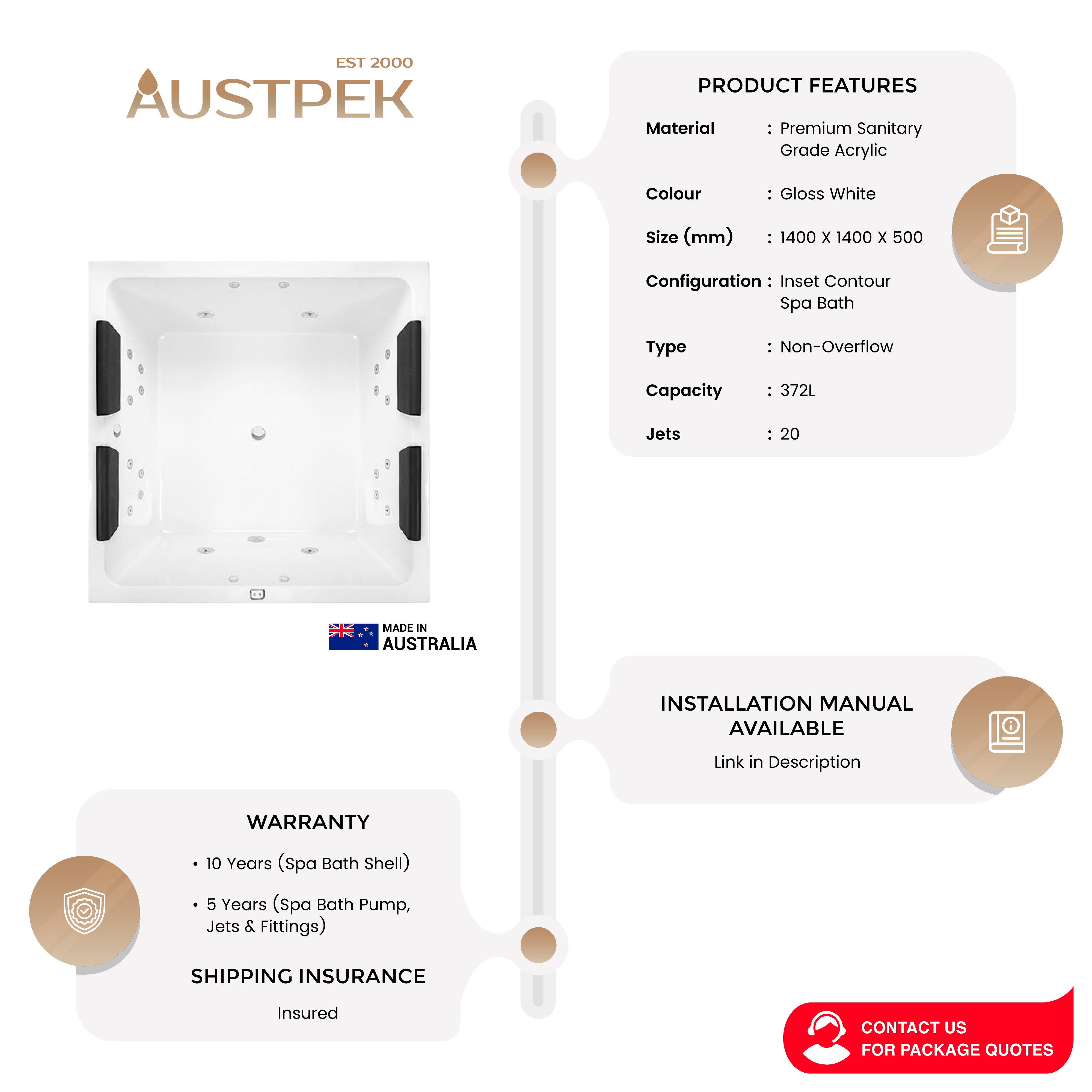 DECINA VENICE INSET CONTOUR SPA BATH GLOSS WHITE 1400MM WITH 20-JETS