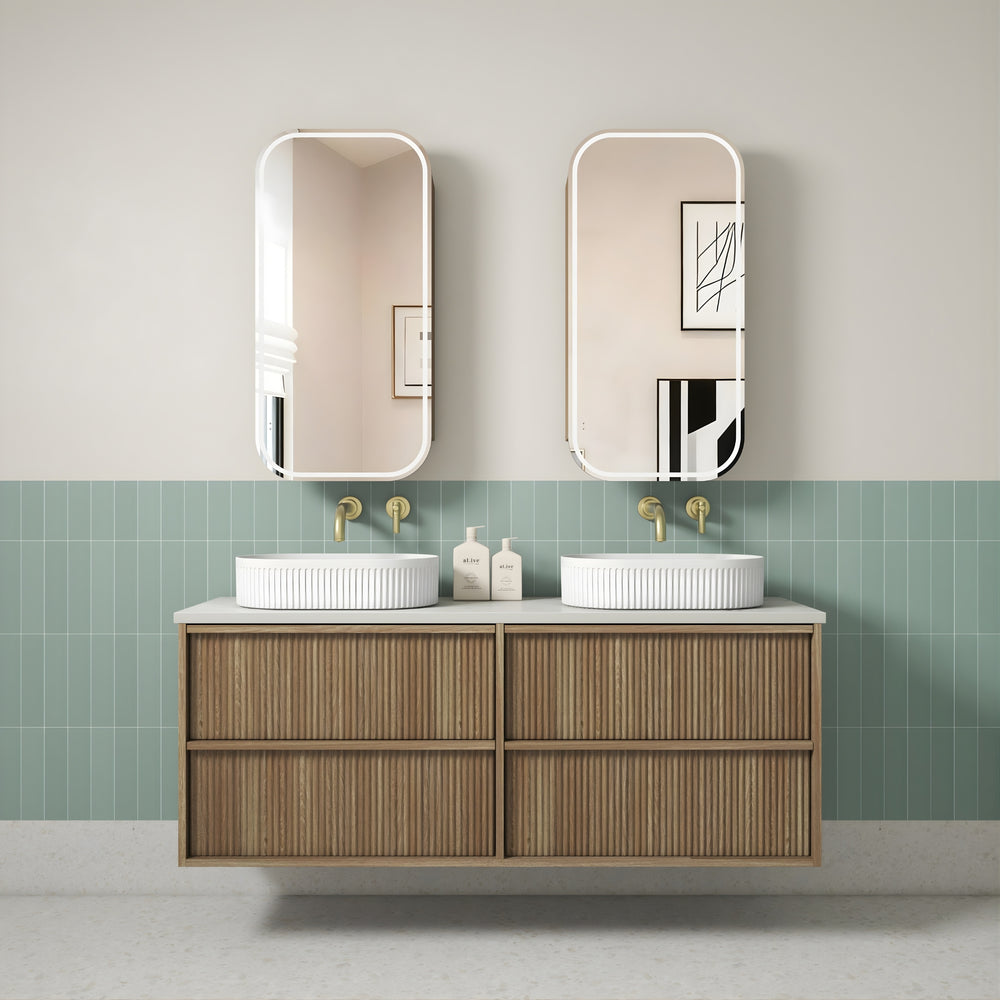 AULIC VENETTA HARVEST OAK 1500MM DOUBLE BOWL FLUTED WALL HUNG VANITY