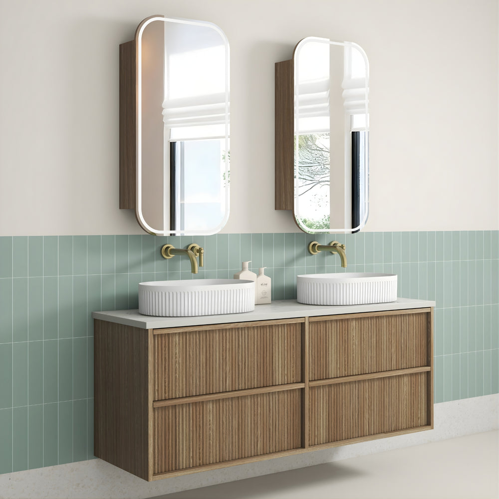 AULIC VENETTA HARVEST OAK 1500MM DOUBLE BOWL FLUTED WALL HUNG VANITY