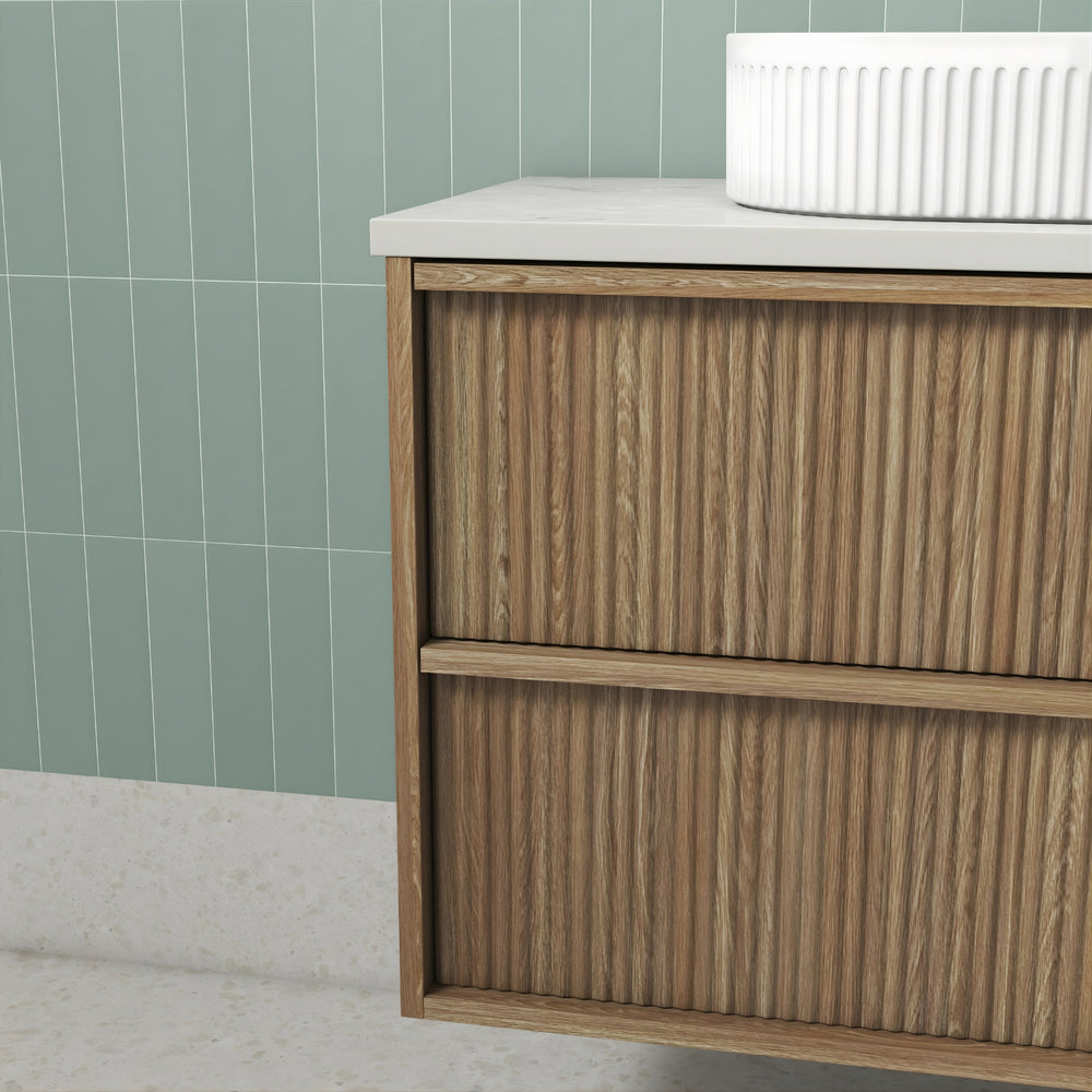 AULIC VENETTA HARVEST OAK 1500MM DOUBLE BOWL FLUTED WALL HUNG VANITY