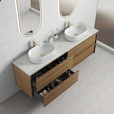 AULIC VENETTA HARVEST OAK 1800MM DOUBLE BOWL FRAMED WALL HUNG VANITY