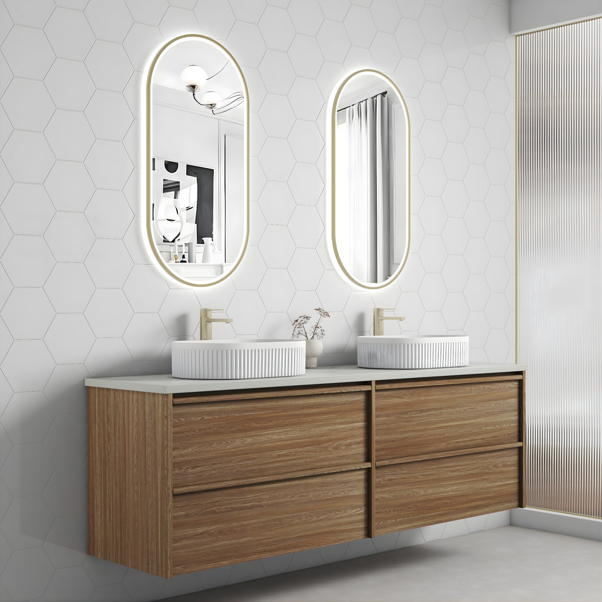 AULIC VENETTA HARVEST OAK 1800MM DOUBLE BOWL FRAMED WALL HUNG VANITY