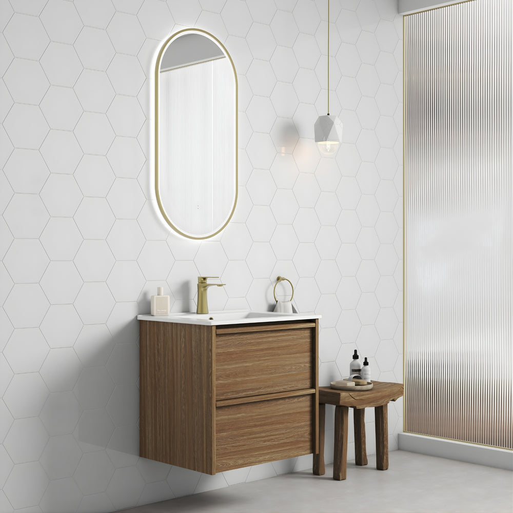 AULIC VENETTA HARVEST OAK 600MM SINGLE BOWL FRAMED WALL HUNG VANITY