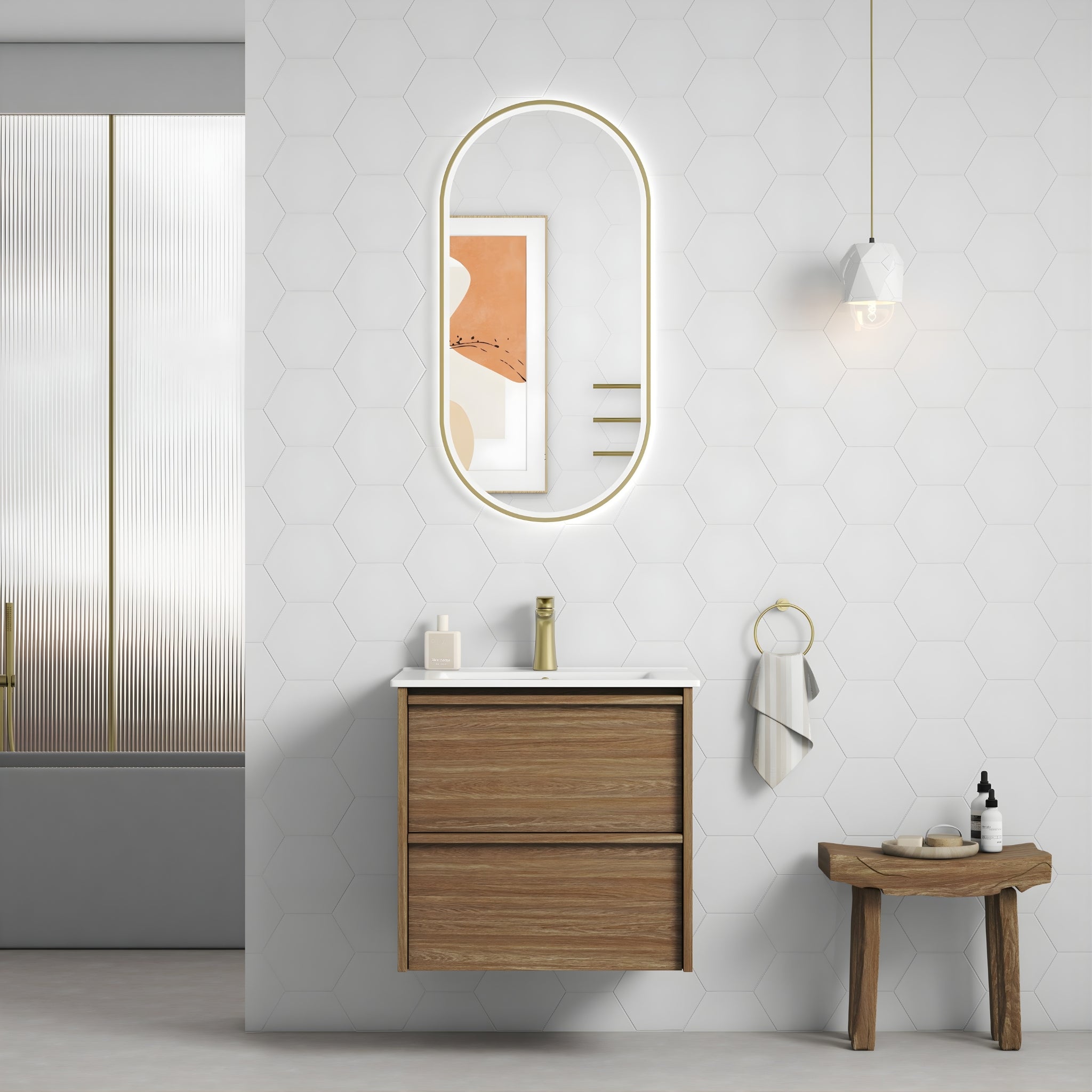 AULIC VENETTA HARVEST OAK 600MM SINGLE BOWL FRAMED WALL HUNG VANITY