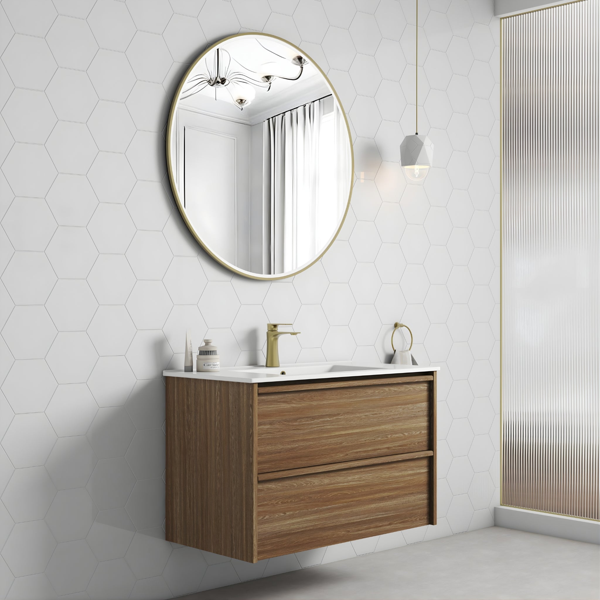 AULIC VENETTA HARVEST OAK 900MM SINGLE BOWL FRAMED WALL HUNG VANITY