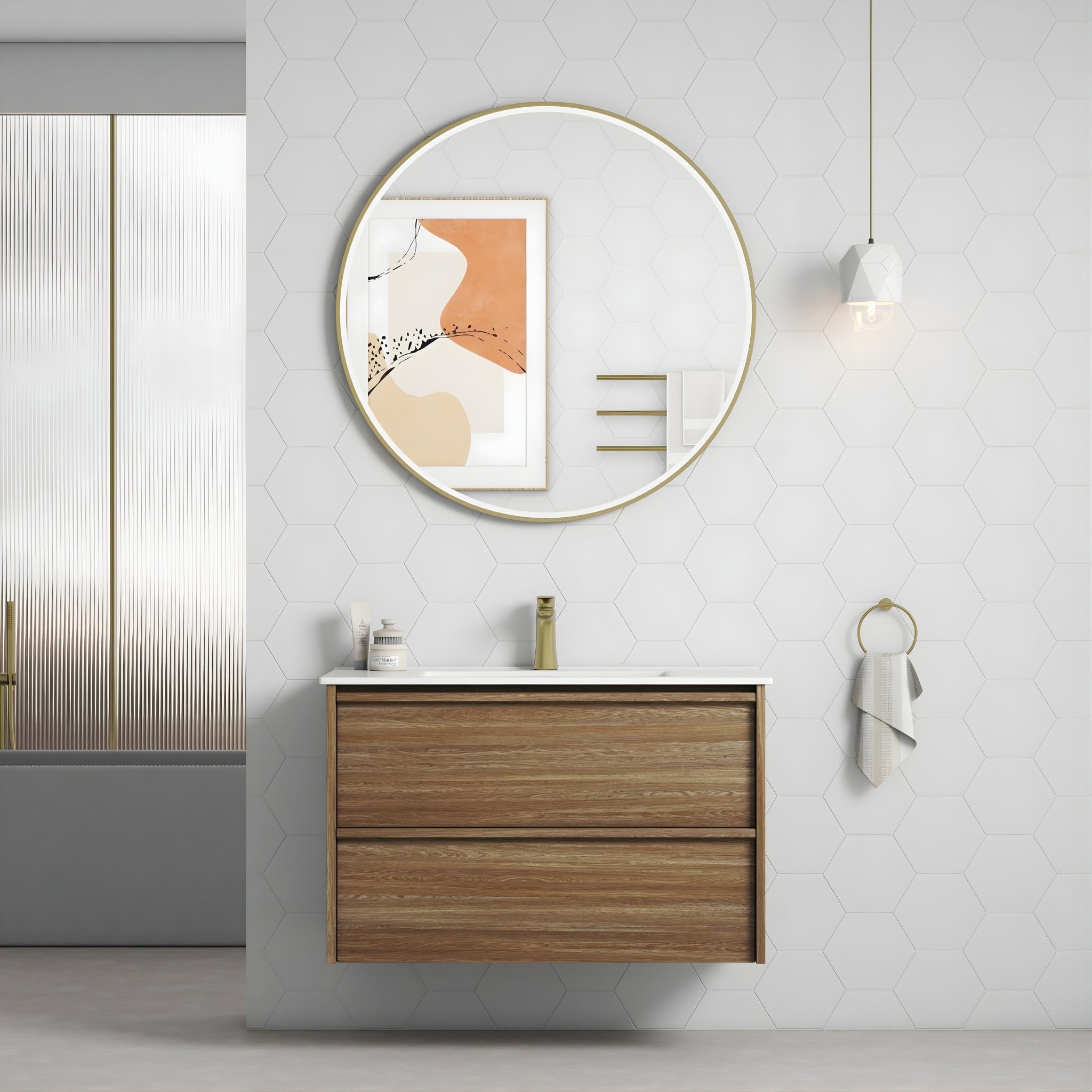 AULIC VENETTA HARVEST OAK 900MM SINGLE BOWL FRAMED WALL HUNG VANITY