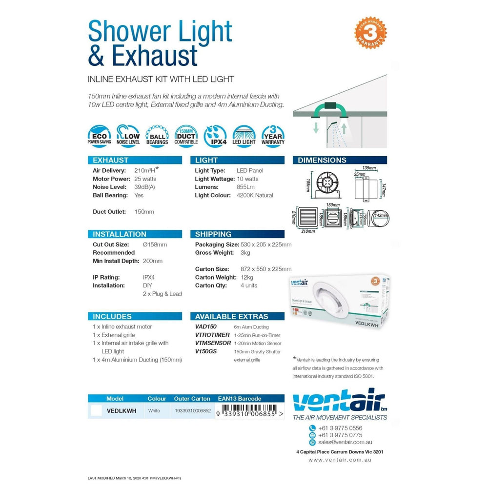 VENTAIR SHOWER LIGHT & EXHAUST KIT WHITE