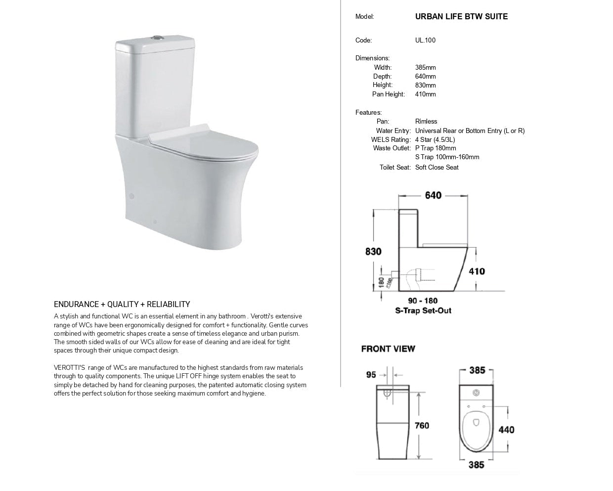 VEROTTI URBAN LIFE BACK TO WALL TOILET SUITE GLOSS WHITE