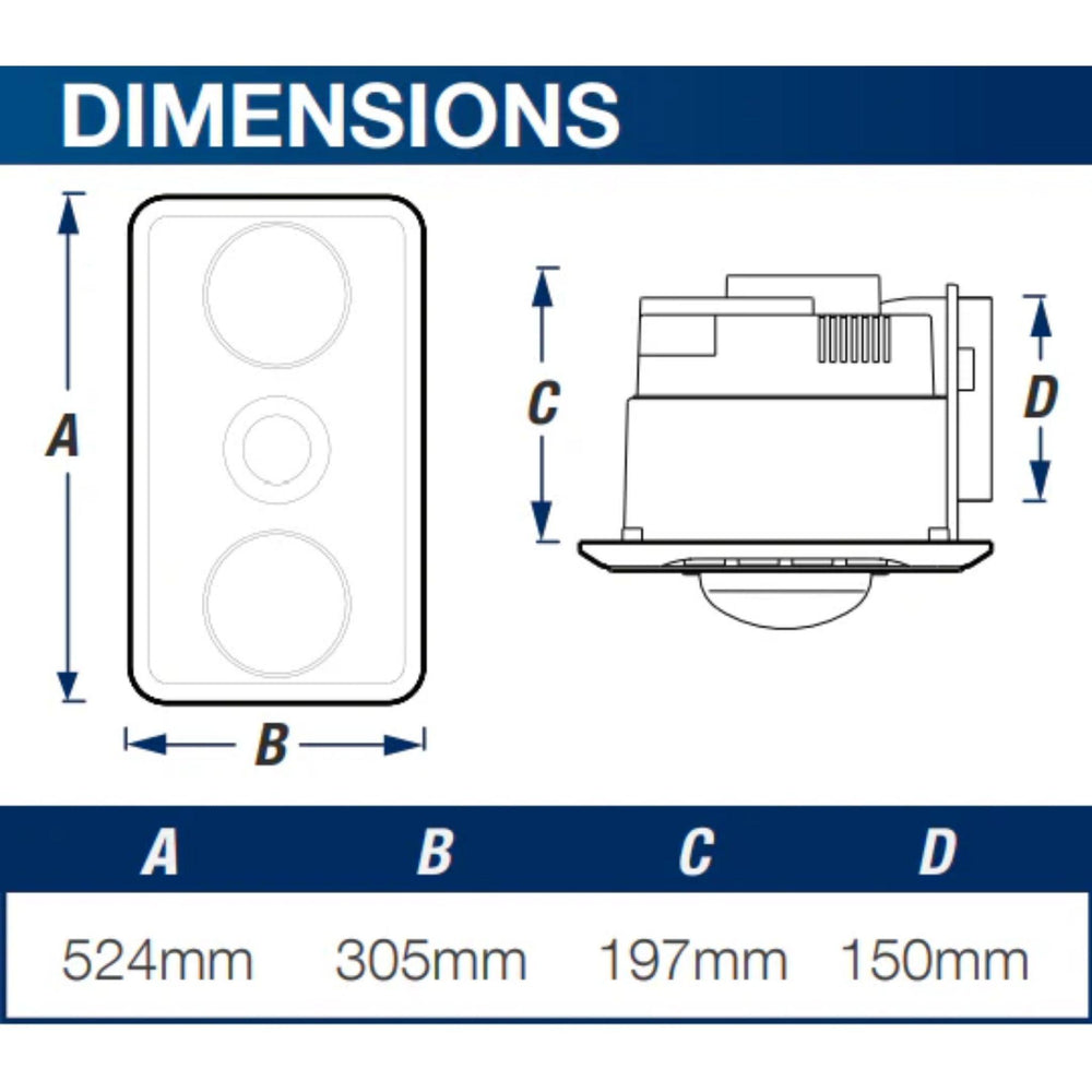 VENTAIR BROOK 2 HIGH EXTRACTION SERIES, 3IN1 BATHROOM UNIT WITH 2 HEAT GLOBES, LED CENTRE DOWNLIGHT AND EXHAUST FAN WHITE