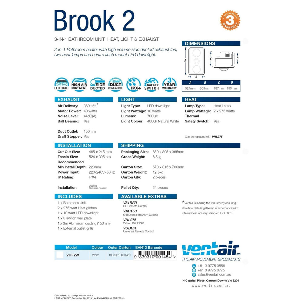 VENTAIR BROOK 2 HIGH EXTRACTION SERIES, 3IN1 BATHROOM UNIT WITH 2 HEAT GLOBES, LED CENTRE DOWNLIGHT AND EXHAUST FAN WHITE