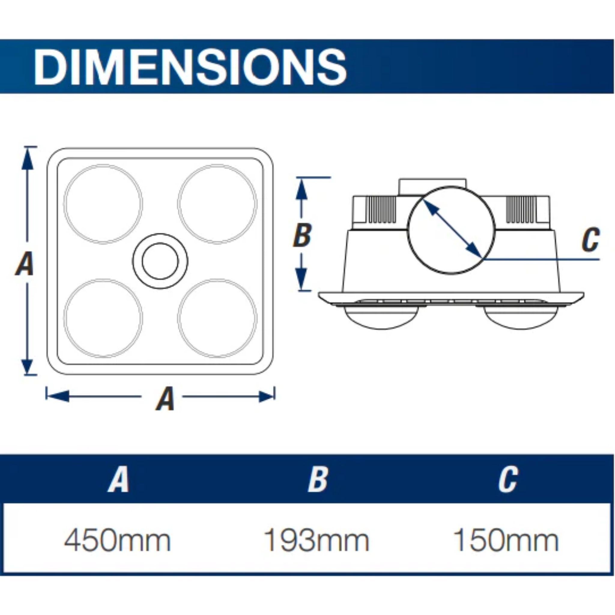 VENTAIR BROOK 4 HIGH EXTRACTION SERIES, 3 IN1 BATHROOM UNIT WITH 4 HEAT GLOBES, LED CENTRE DOWNLIGHT AND POWERFUL EXHAUST FAN WHITE