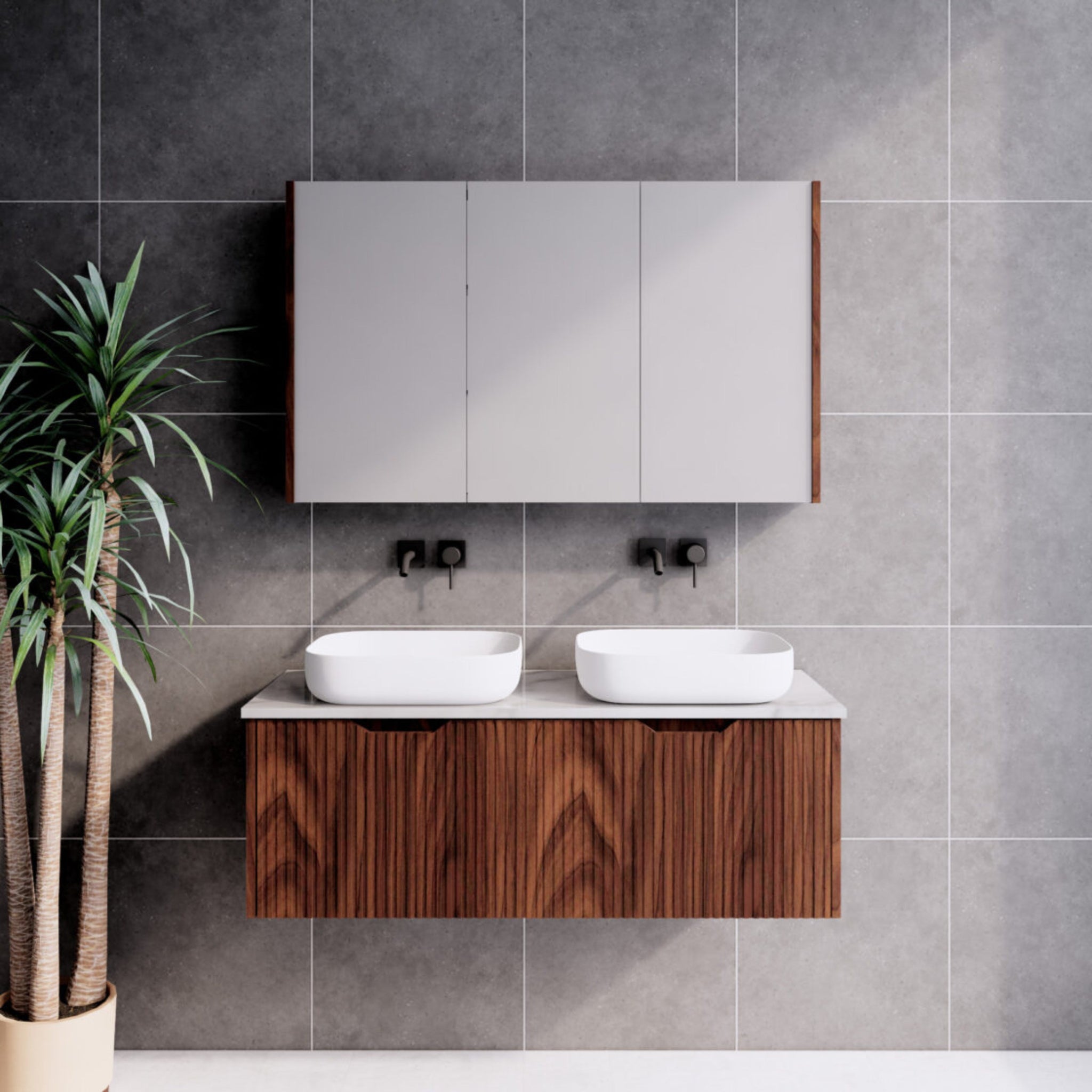 RIVA VIENNA BROWN OAK 1200MM DOUBLE BOWL WALL HUNG VANITY