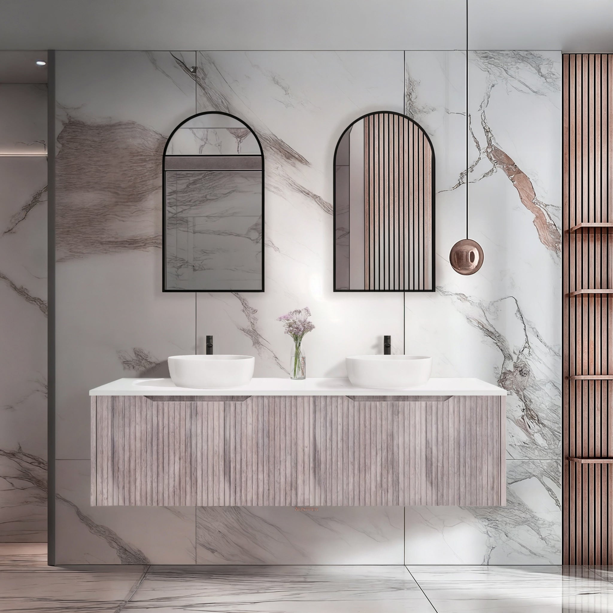 RIVA VIENNA WHITE OAK 1500MM DOUBLE BOWL WALL HUNG VANITY