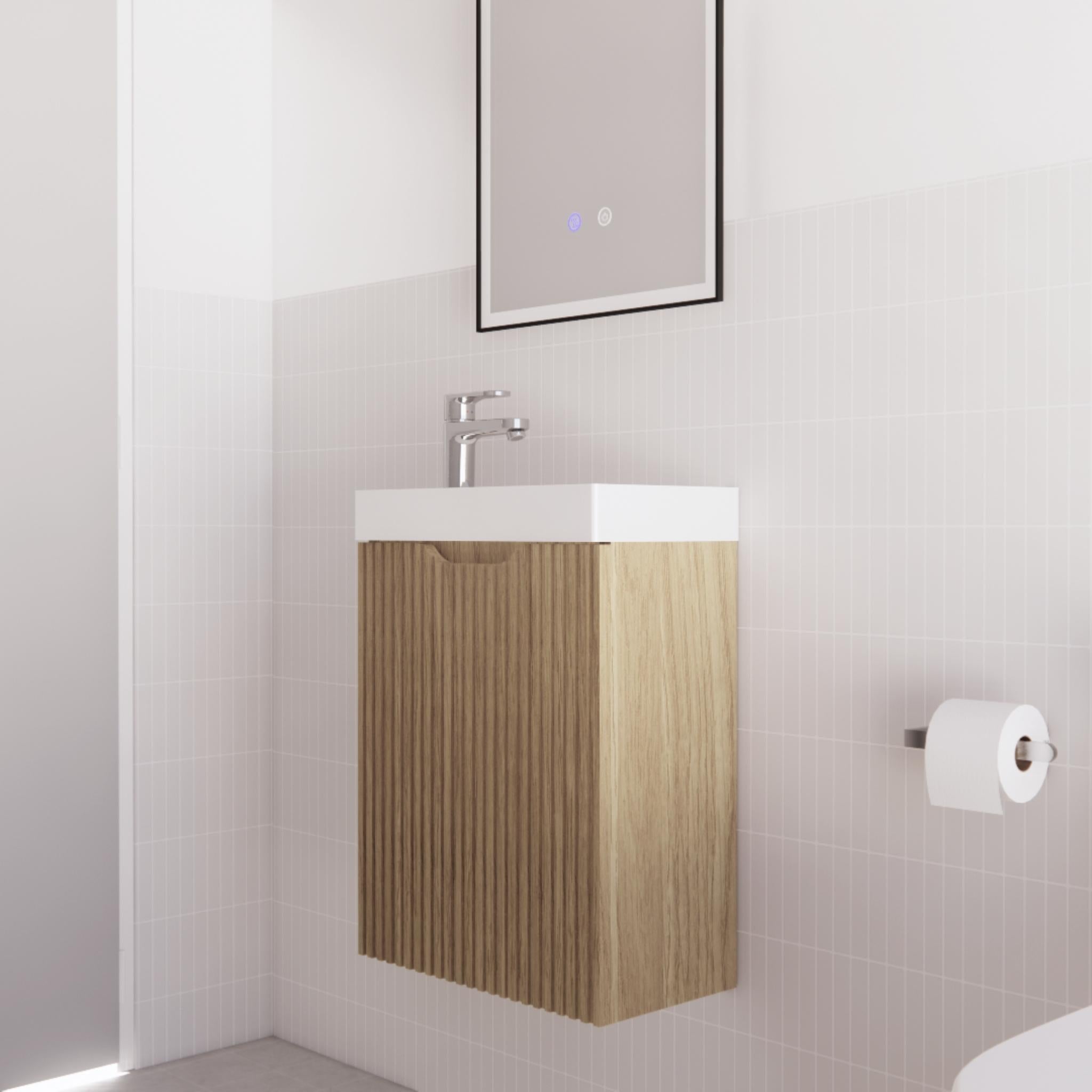 RIVA VIENNA AMERICAN OAK 450MM SPACE SAVING SINGLE BOWL WALL HUNG VANITY