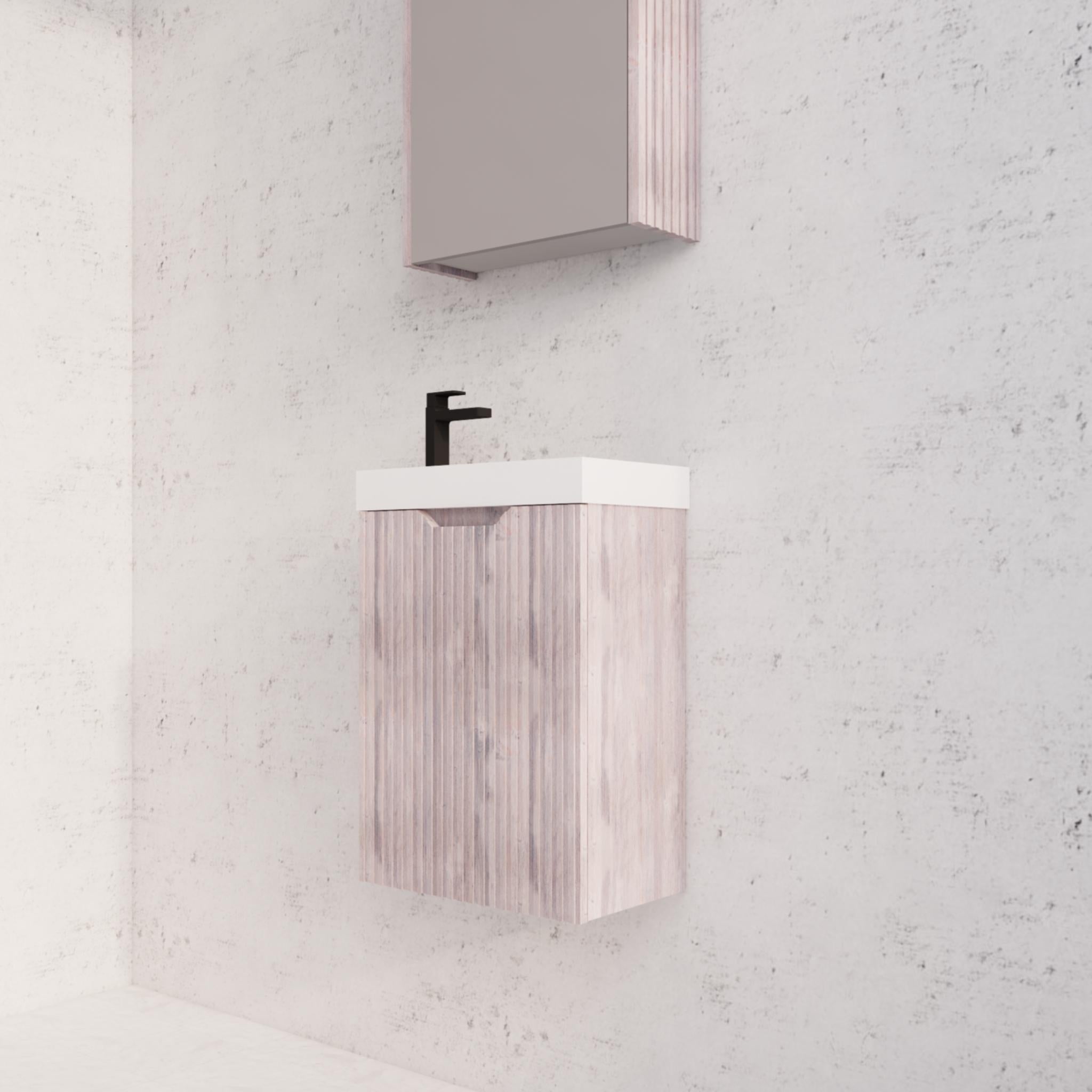 RIVA VIENNA WHITE OAK 450MM SPACE SAVING SINGLE BOWL WALL HUNG VANITY