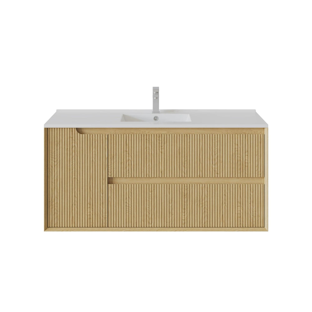 VITO BROOKLYN RED OAK FLUTED 1200MM SINGLE BOWL WALL HUNG VANITY (RIGHT HAND DRAWER)