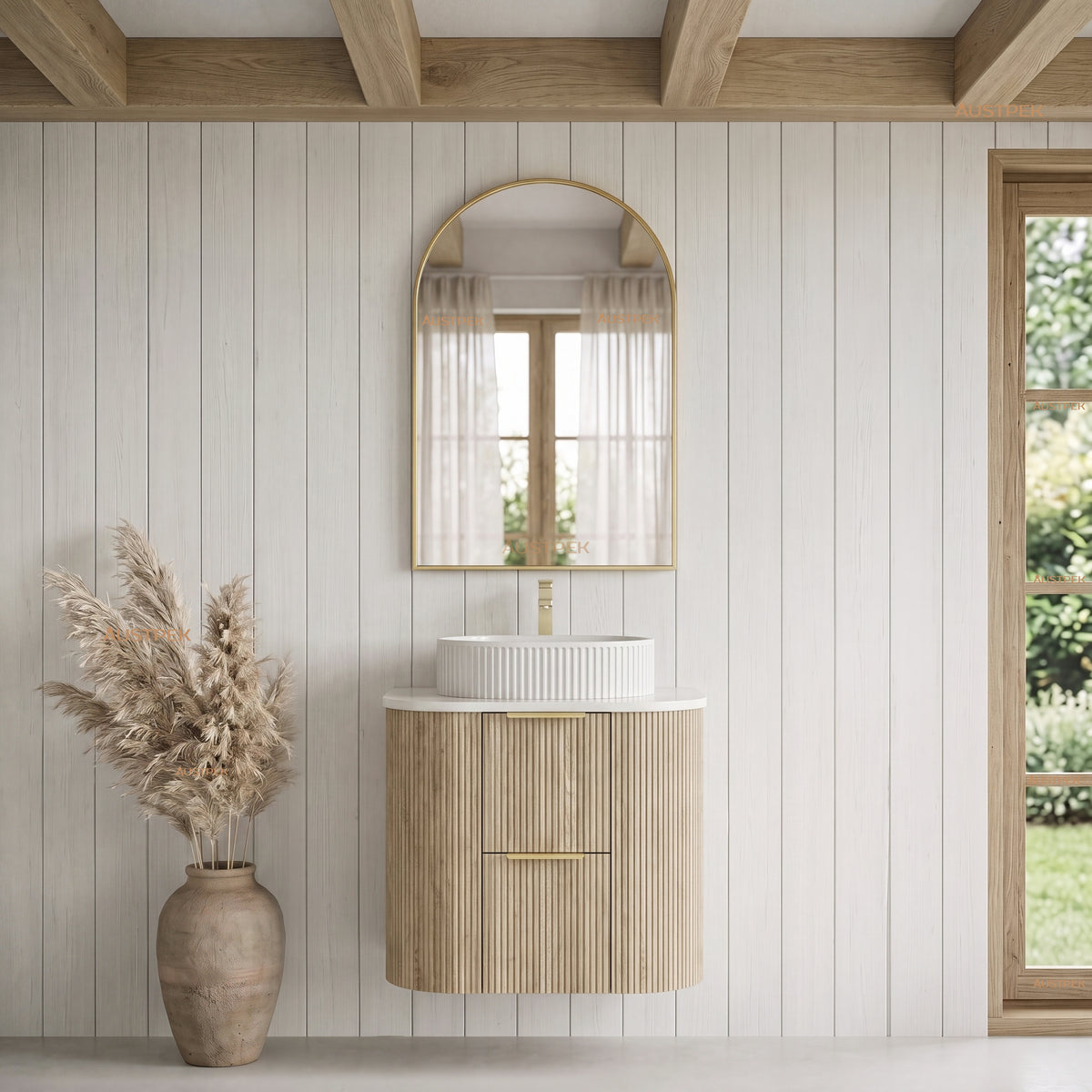 VITO ARDEN-D CLASSIC OAK 600MM FLUTED CURVED SINGLE BOWL WALL HUNG VANITY