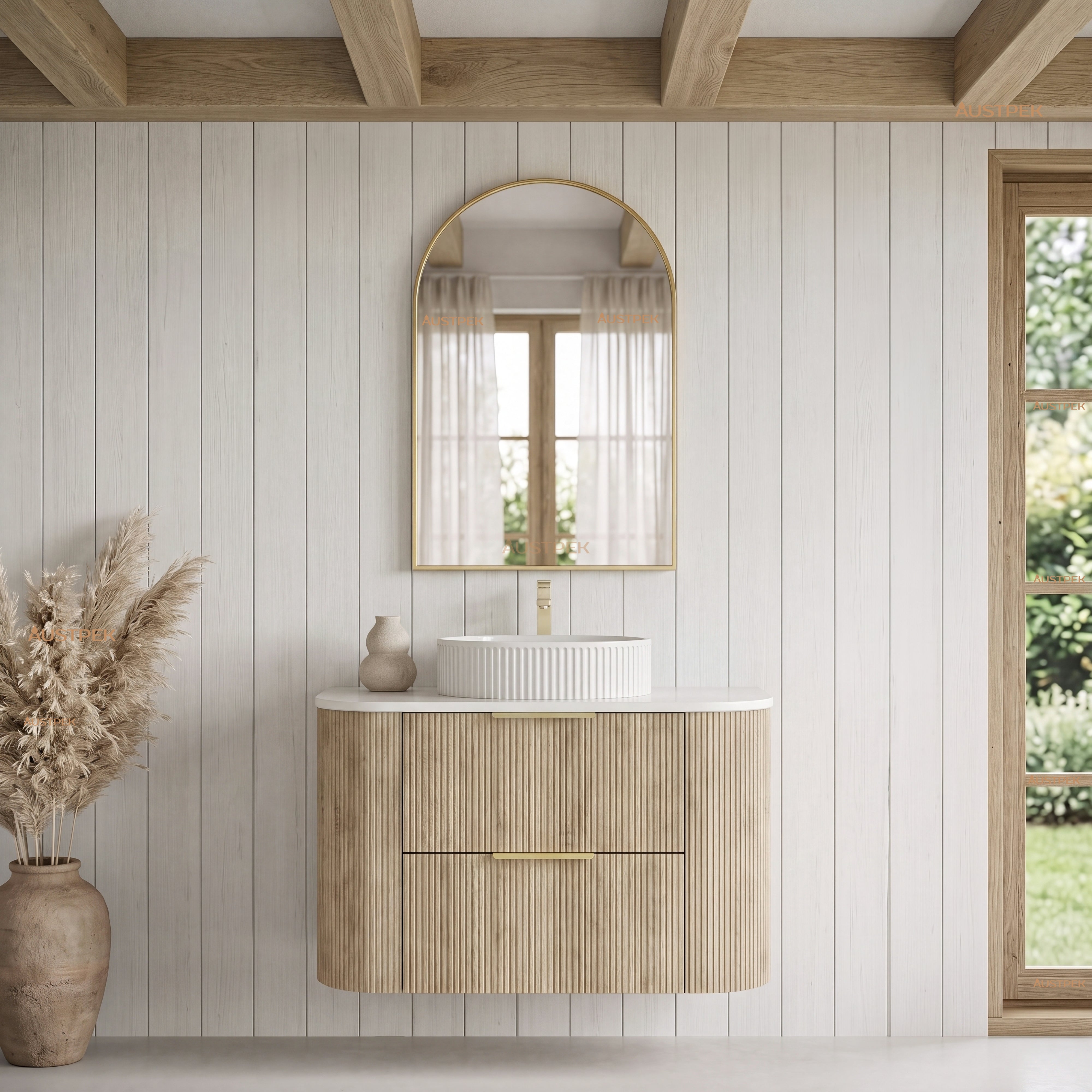 VITO ARDEN-D CLASSIC OAK 900MM FLUTED CURVED SINGLE BOWL WALL HUNG VANITY