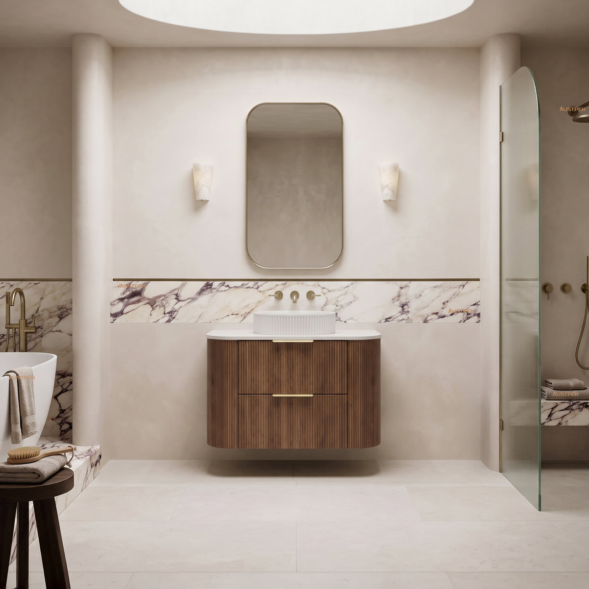 VITO ARDEN-D PRIME OAK 900MM FLUTED CURVED SINGLE BOWL WALL HUNG VANITY
