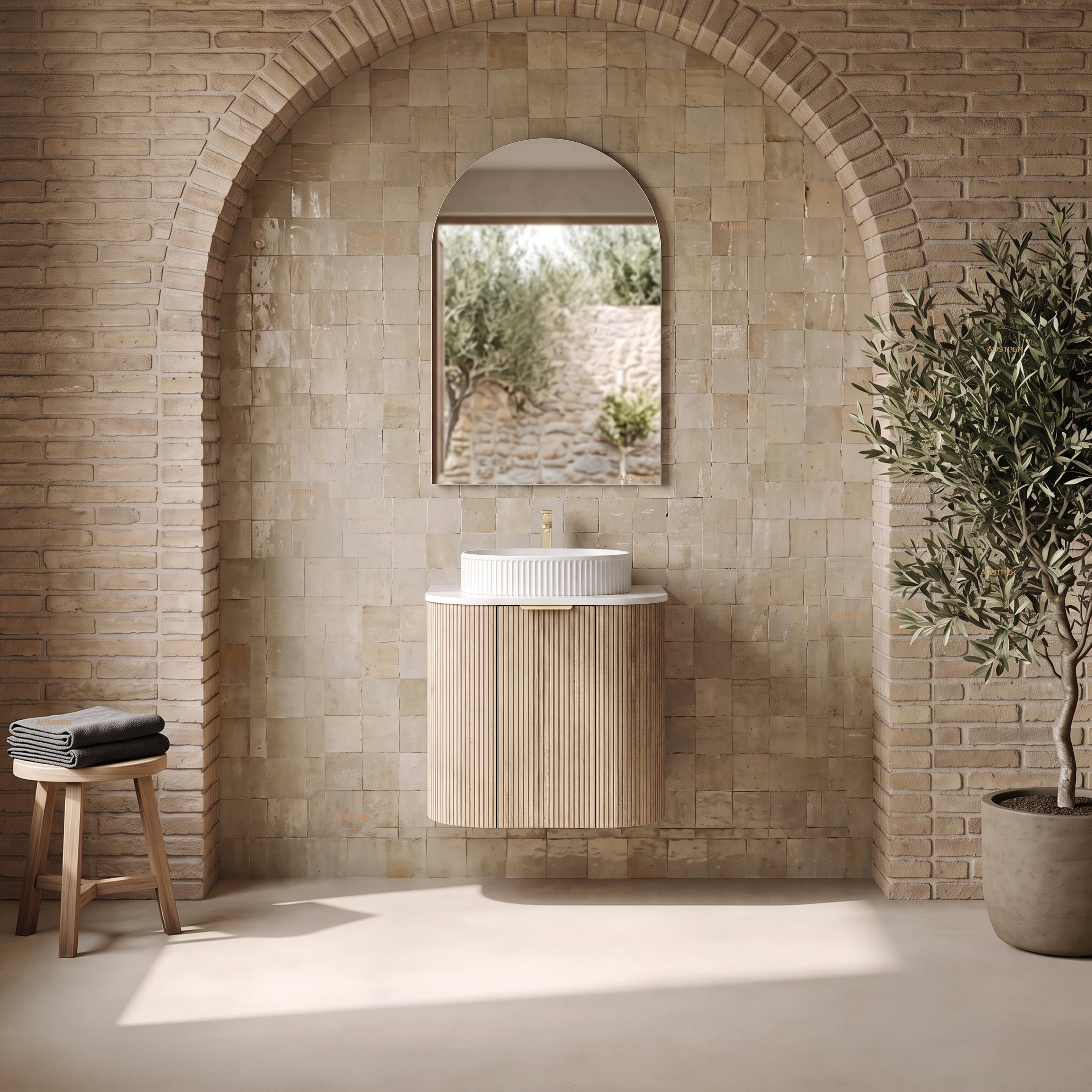 VITO ARDEN-S CLASSIC OAK 600MM FLUTED CURVED SINGLE BOWL WALL HUNG VANITY