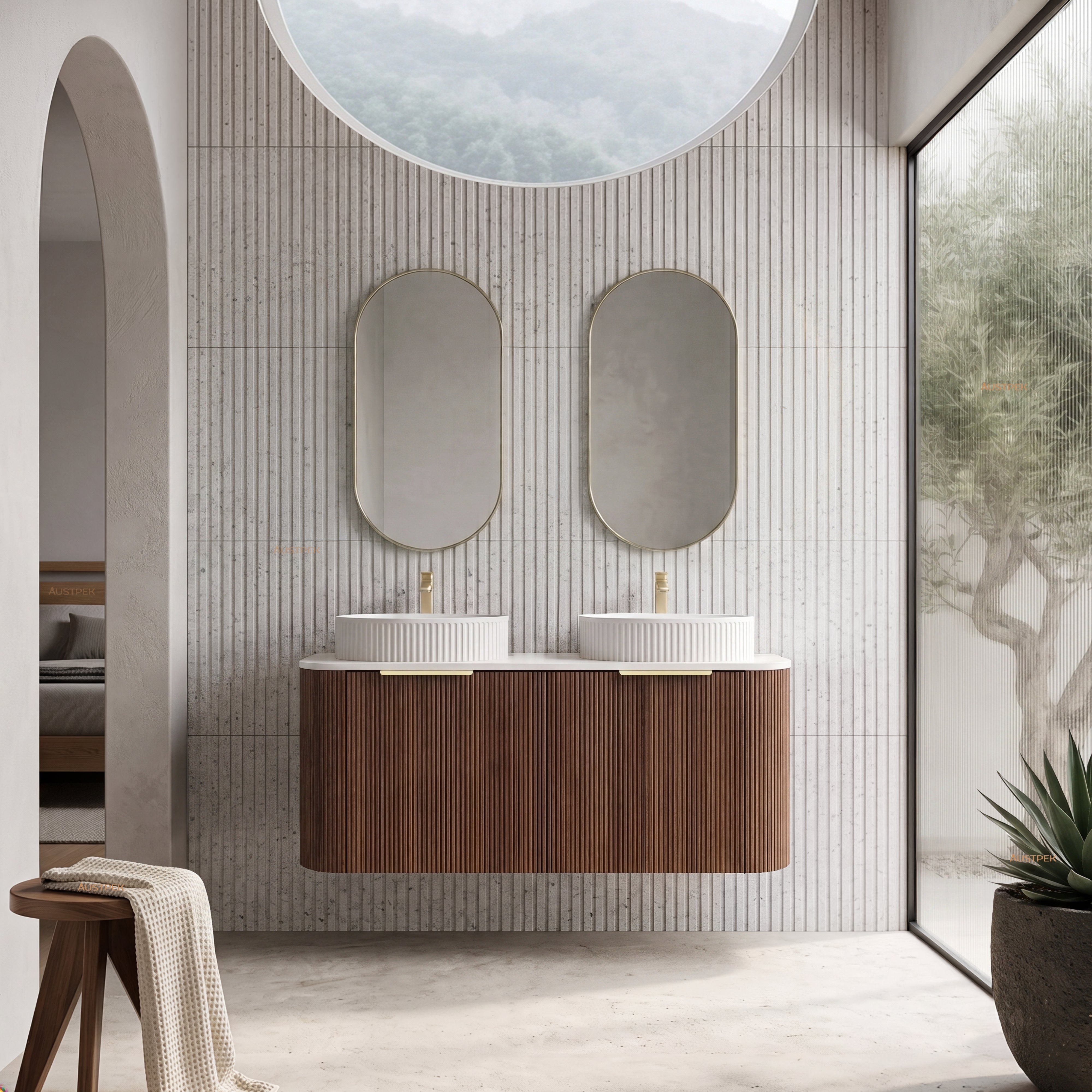 VITO ARDEN-S WALNUT 1200MM FLUTED CURVED DOUBLE BOWL WALL HUNG VANITY