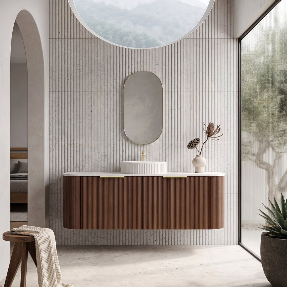 VITO ARDEN-S WALNUT 1500MM FLUTED CURVED SINGLE BOWL WALL HUNG VANITY