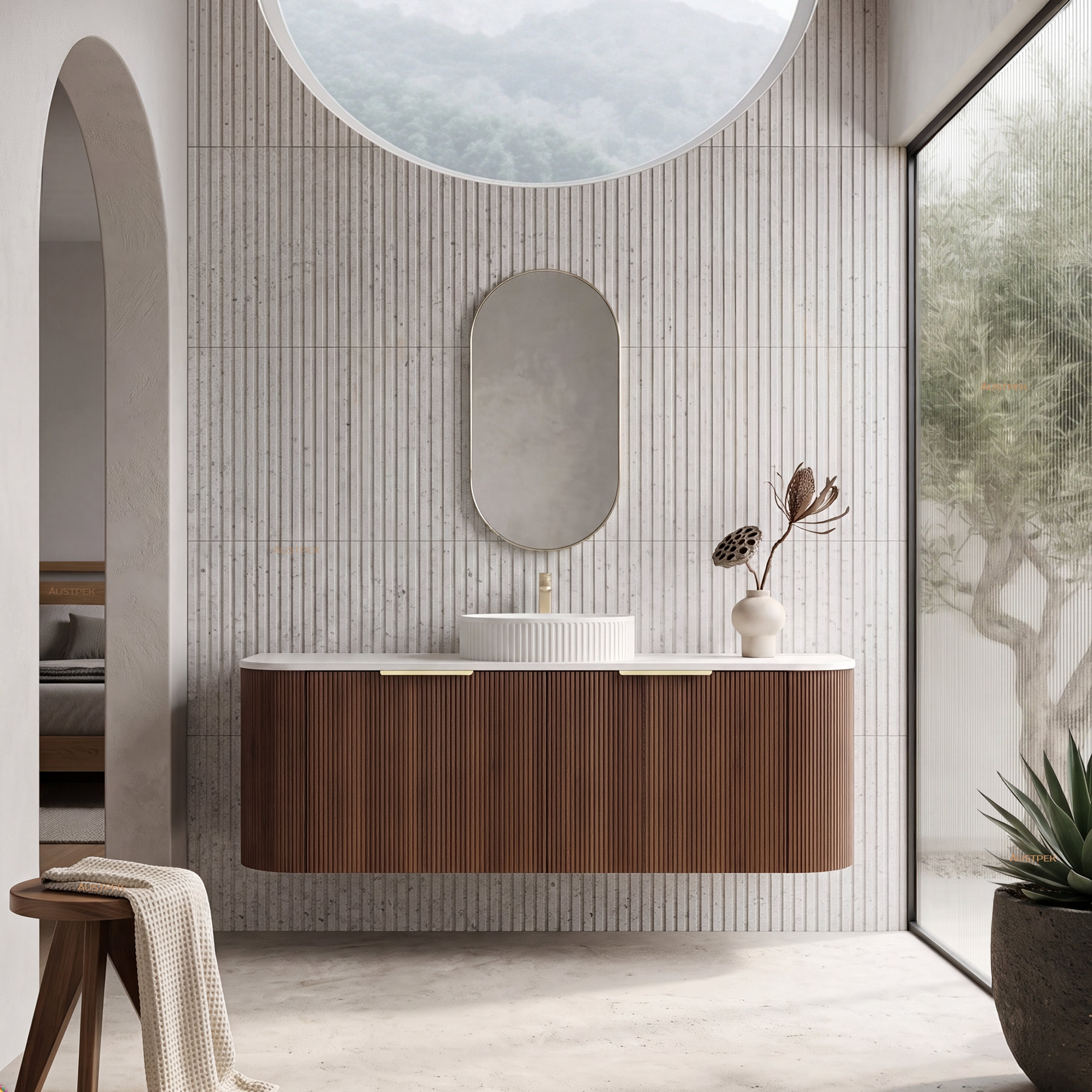 VITO ARDEN-S WALNUT 1500MM FLUTED CURVED SINGLE BOWL WALL HUNG VANITY