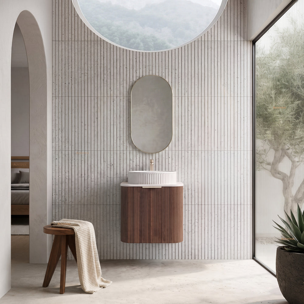 VITO ARDEN-S WALNUT 600MM FLUTED CURVED SINGLE BOWL WALL HUNG VANITY