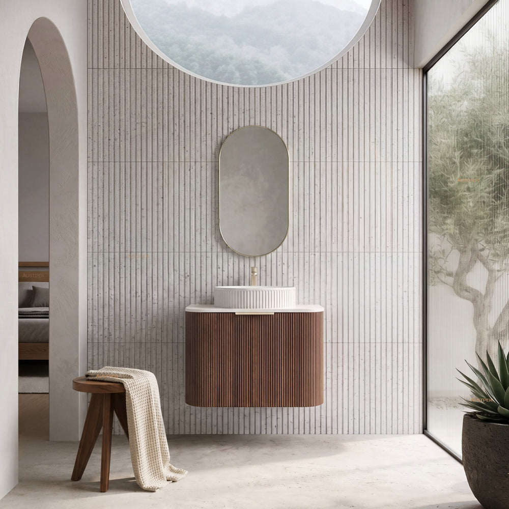 VITO ARDEN-S WALNUT 750MM FLUTED CURVED SINGLE BOWL WALL HUNG VANITY