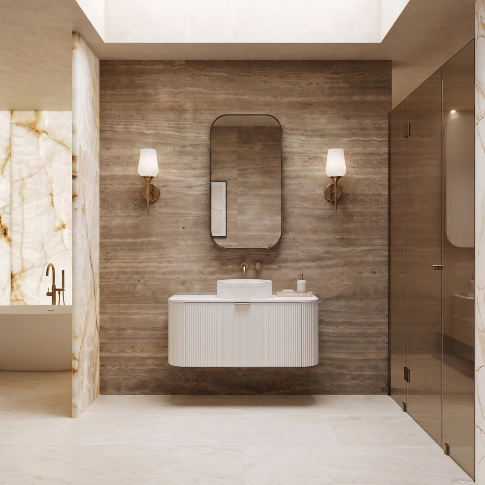 VITO AVANTTI MATTE WHITE 900MM FLUTED CURVED SINGLE BOWL WALL HUNG VANITY