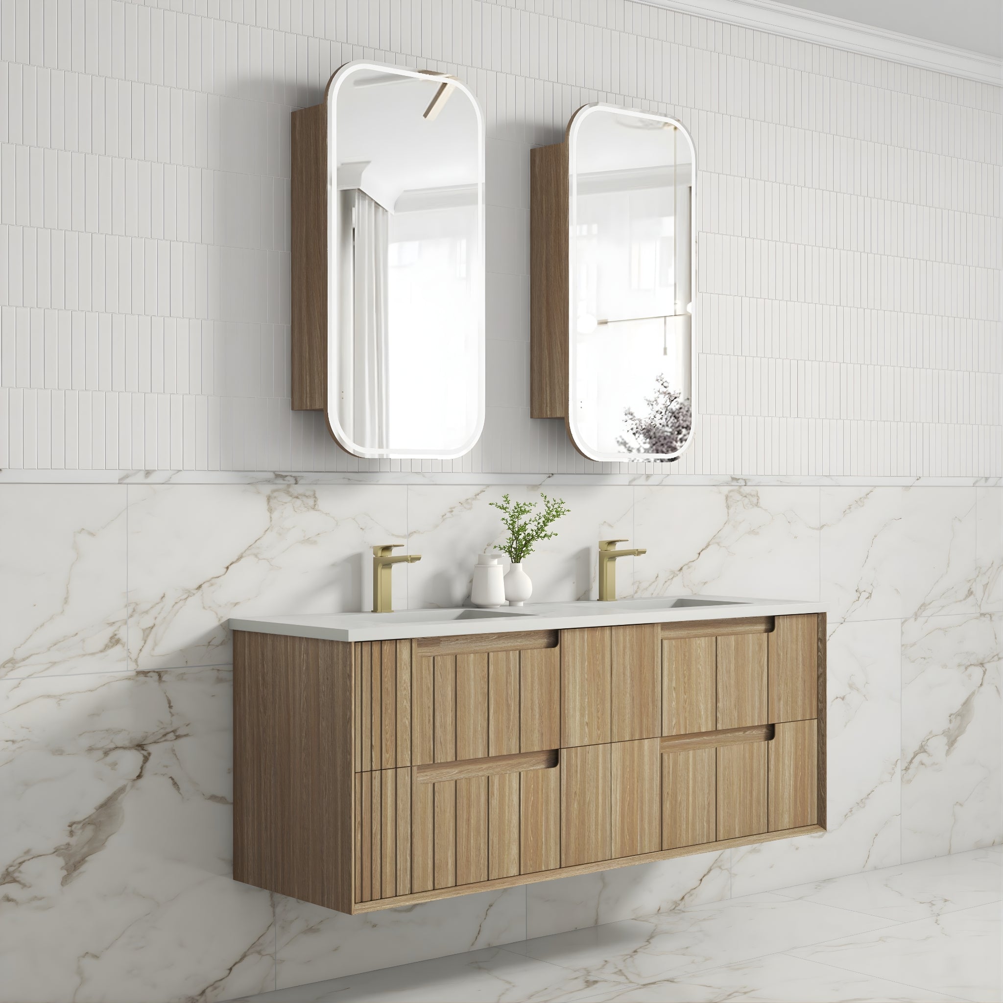 AULIC VOULARI HARVEST OAK 1500MM DOUBLE BOWL FRAMED WALL HUNG VANITY