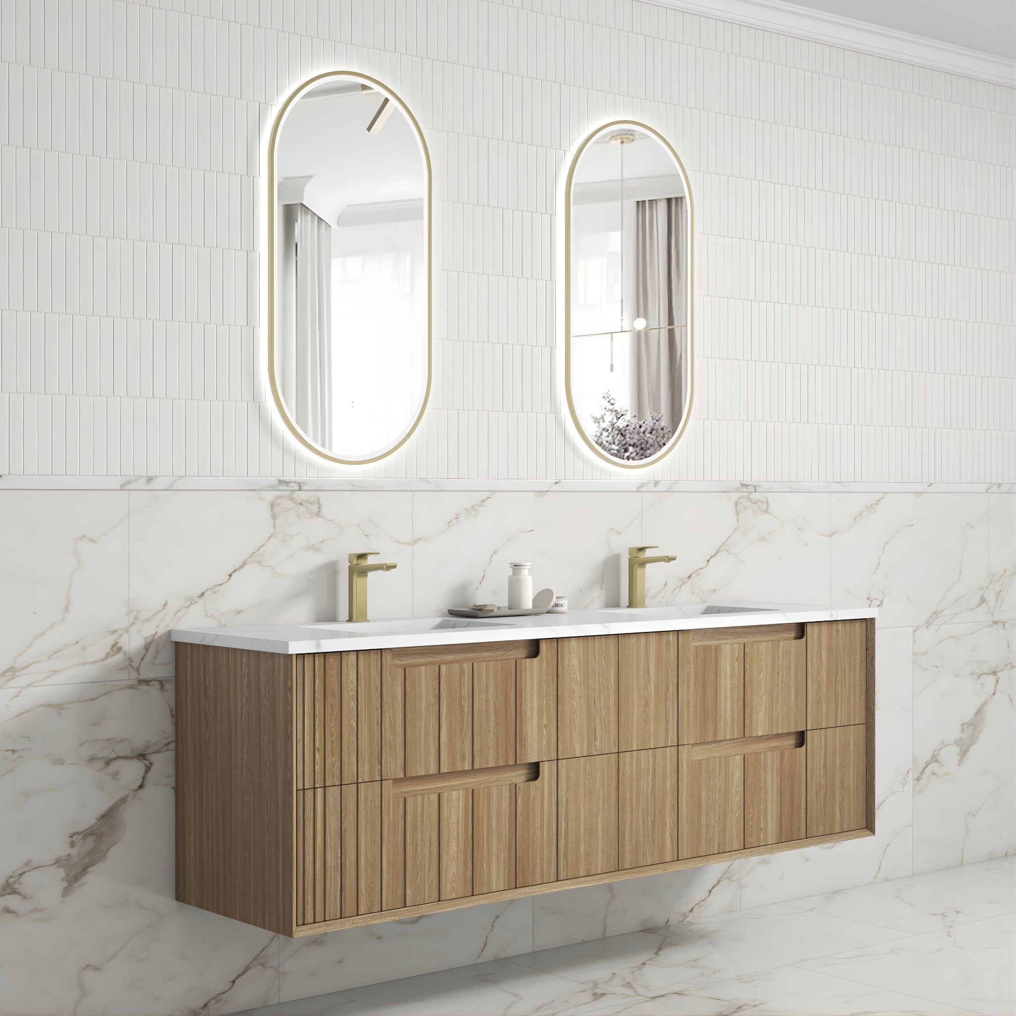 AULIC VOULARI HARVEST OAK 1800MM DOUBLE BOWL FRAMED WALL HUNG VANITY