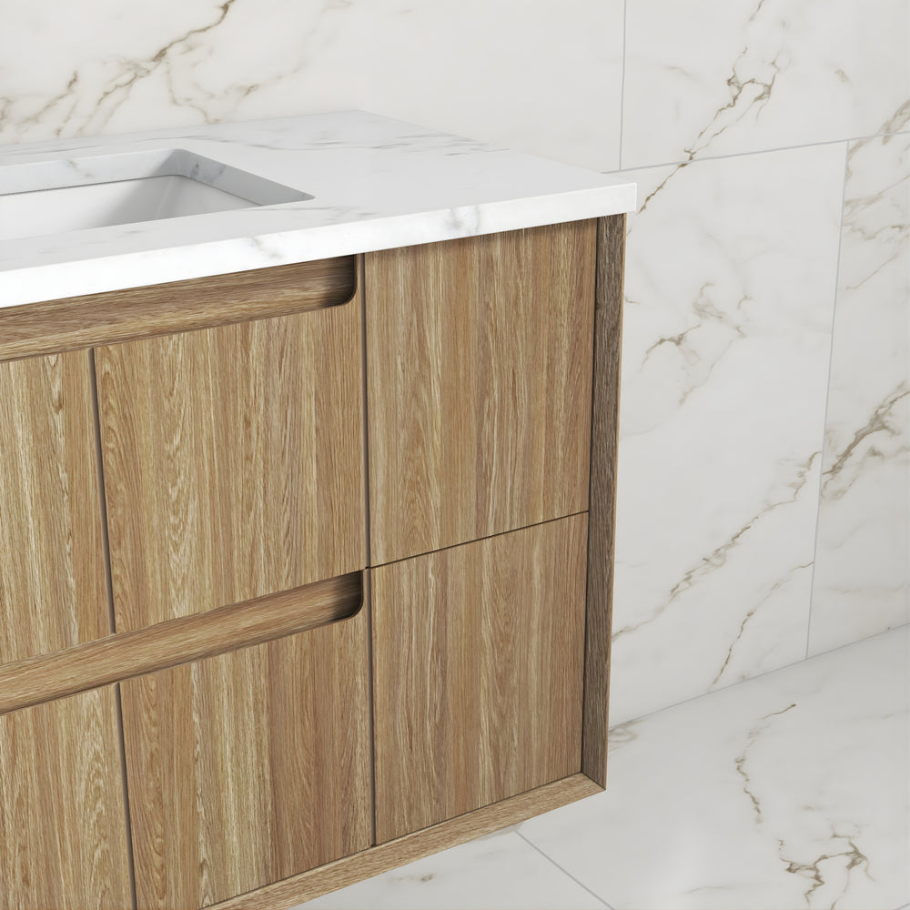 AULIC VOULARI HARVEST OAK 750MM SINGLE BOWL FRAMED WALL HUNG VANITY