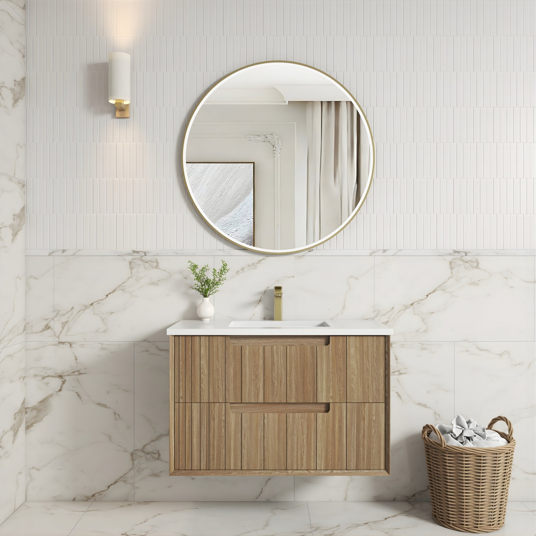 AULIC VOULARI HARVEST OAK 900MM SINGLE BOWL FRAMED WALL HUNG VANITY