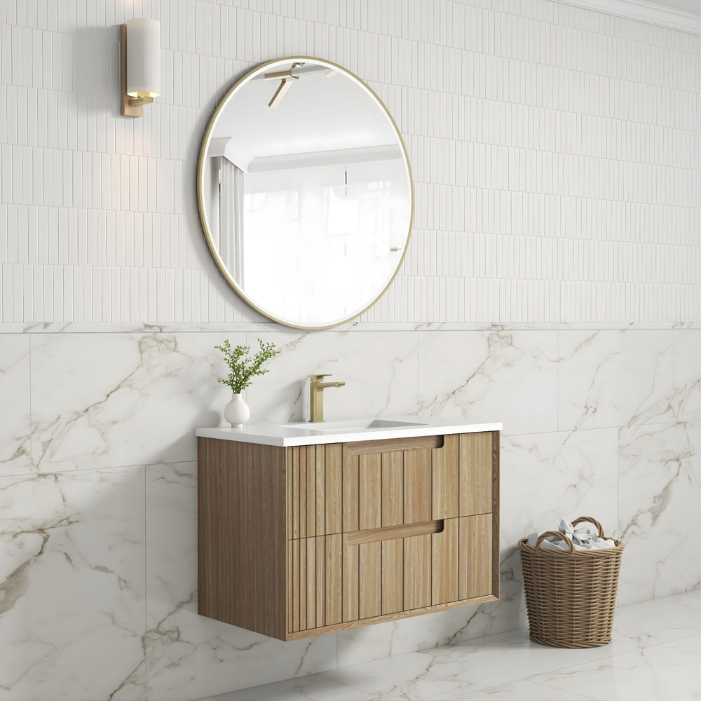 AULIC VOULARI HARVEST OAK 900MM SINGLE BOWL FRAMED WALL HUNG VANITY