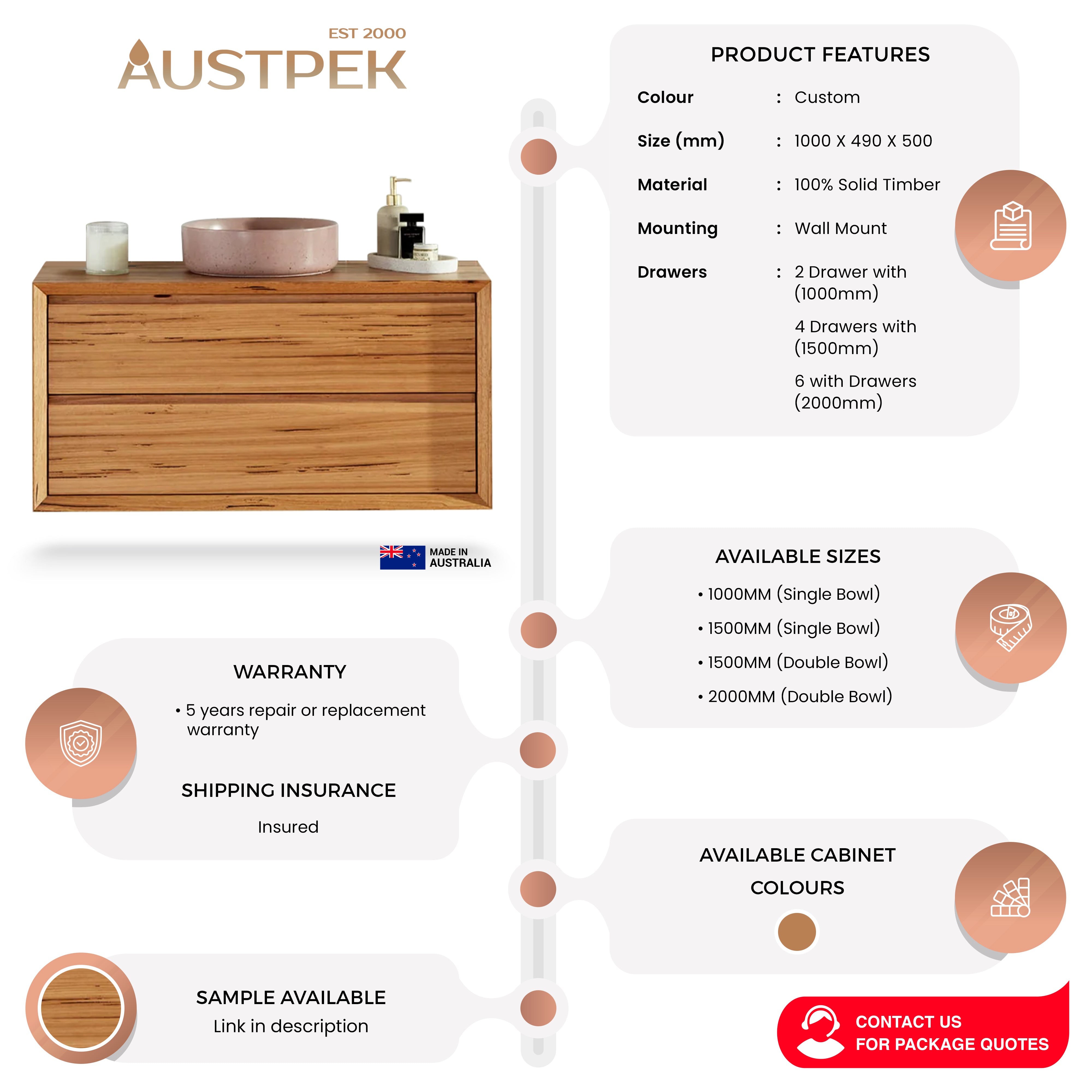 JR BESPOKE VONU SOLID TIMBER CUSTOM WALL HUNG VANITY (ALL SIZING)