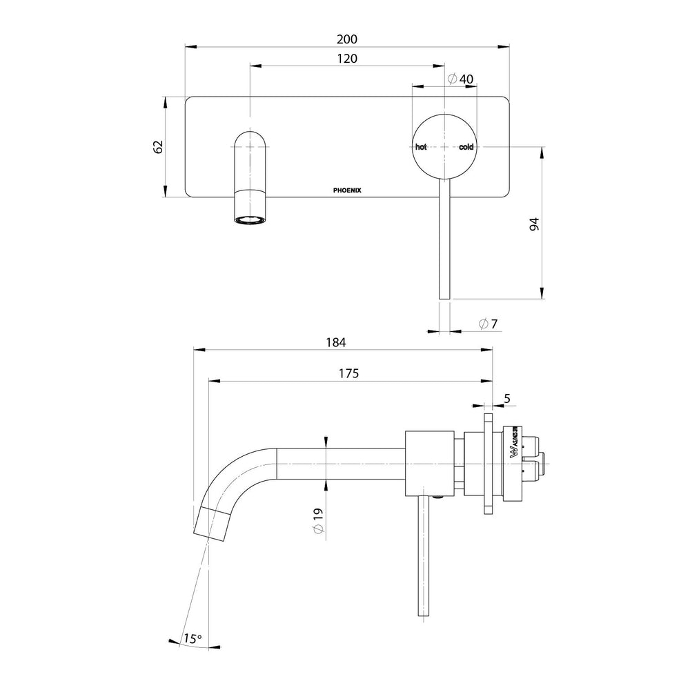 PHOENIX VIVID SLIMLINE SWITCHMIX LEAD FREE WALL BASIN / BATH MIXER SET FIT-OFF AND ROUGH-IN KIT 180MM CHROME