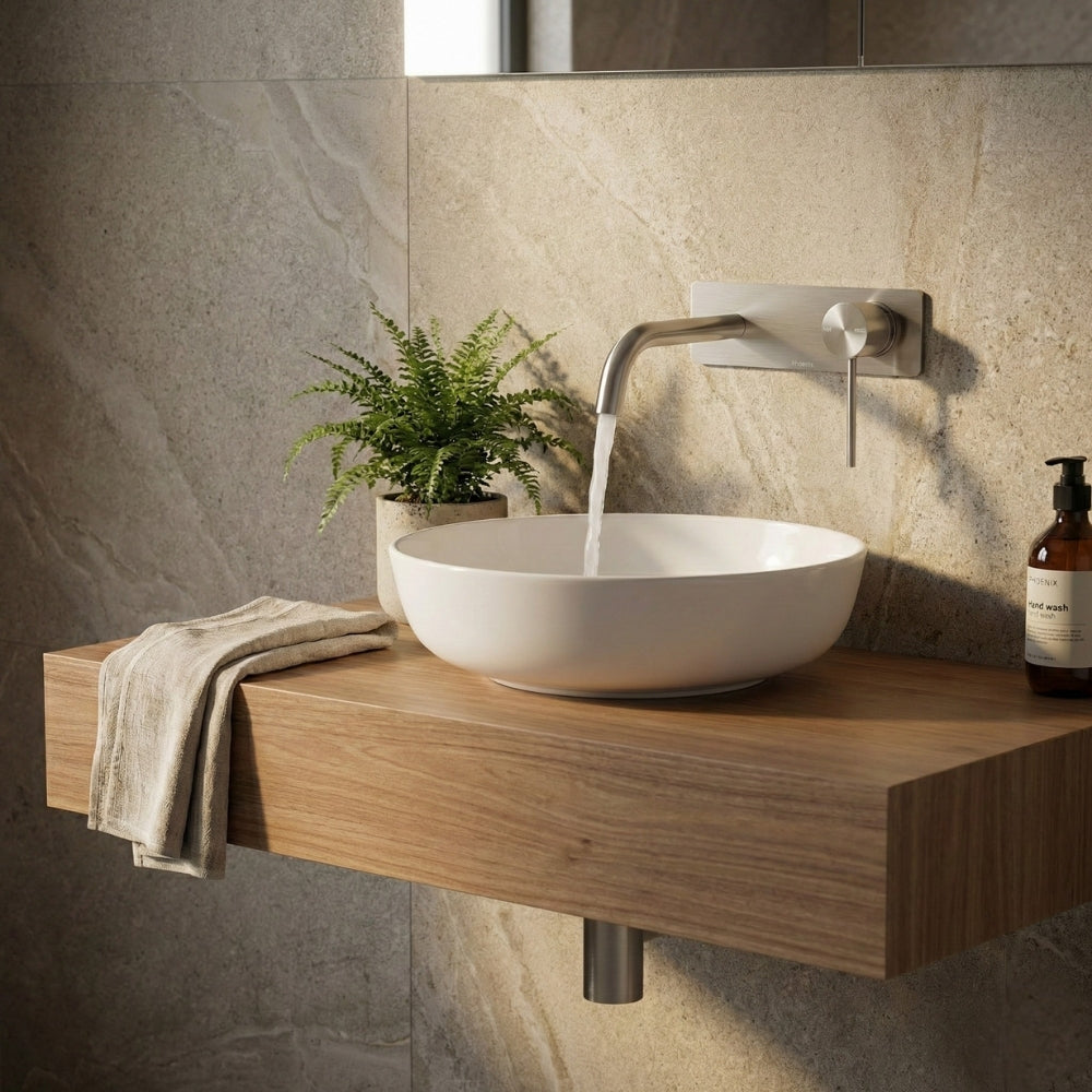 PHOENIX VIVID SLIMLINE SWITCHMIX LEAD FREE WALL BASIN AND BATH MIXER SET 230MM BRUSHED NICKEL