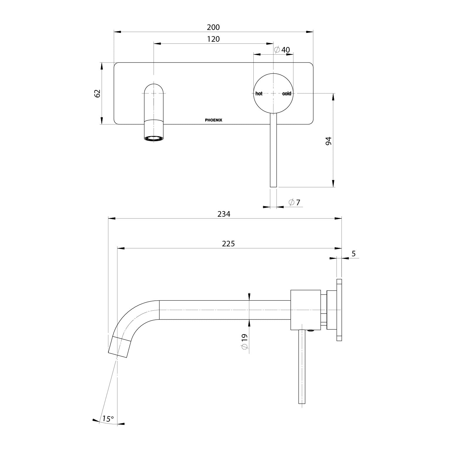 PHOENIX VIVID SLIMLINE SWITCHMIX WALL BASIN / BATH MIXER SET FIT-OFF KIT 200MM BRUSHED CARBON