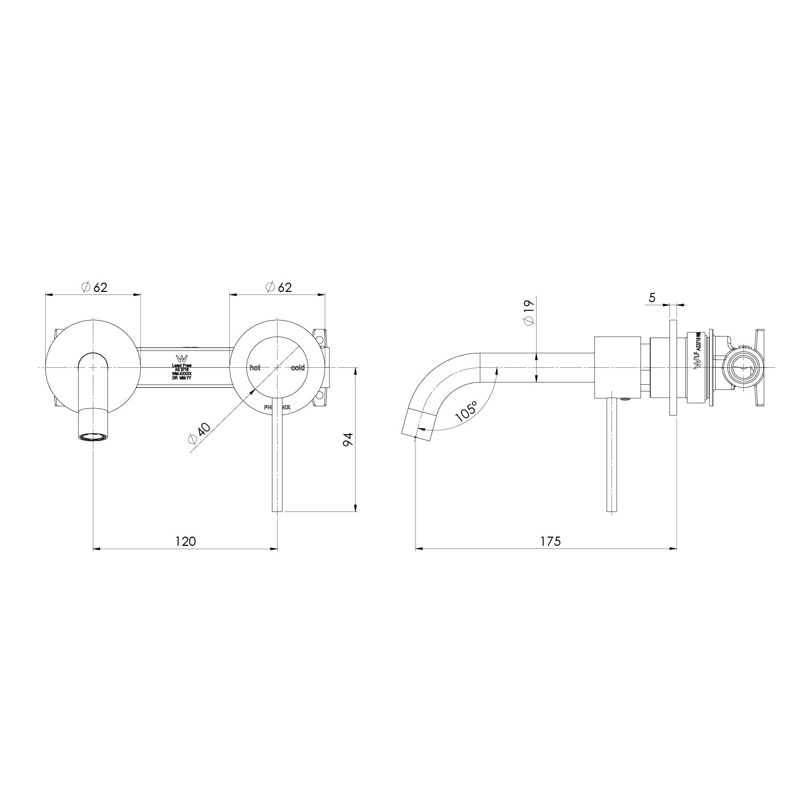 PHOENIX VIVID SLIMLINE SWITCHMIX LEAD FREE WALL BASIN / BATH MIXER SET MATTE BLACK