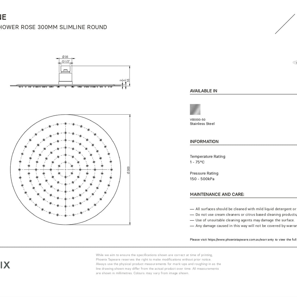 PHOENIX VIVID SLIMLINE SHOWER ROSE SLIMLINE ROUND 300MM CHROME