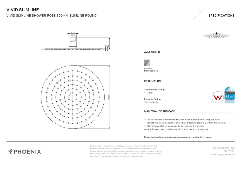 PHOENIX VIVID SLIMLINE SHOWER ROSE SLIMLINE ROUND 300MM CHROME